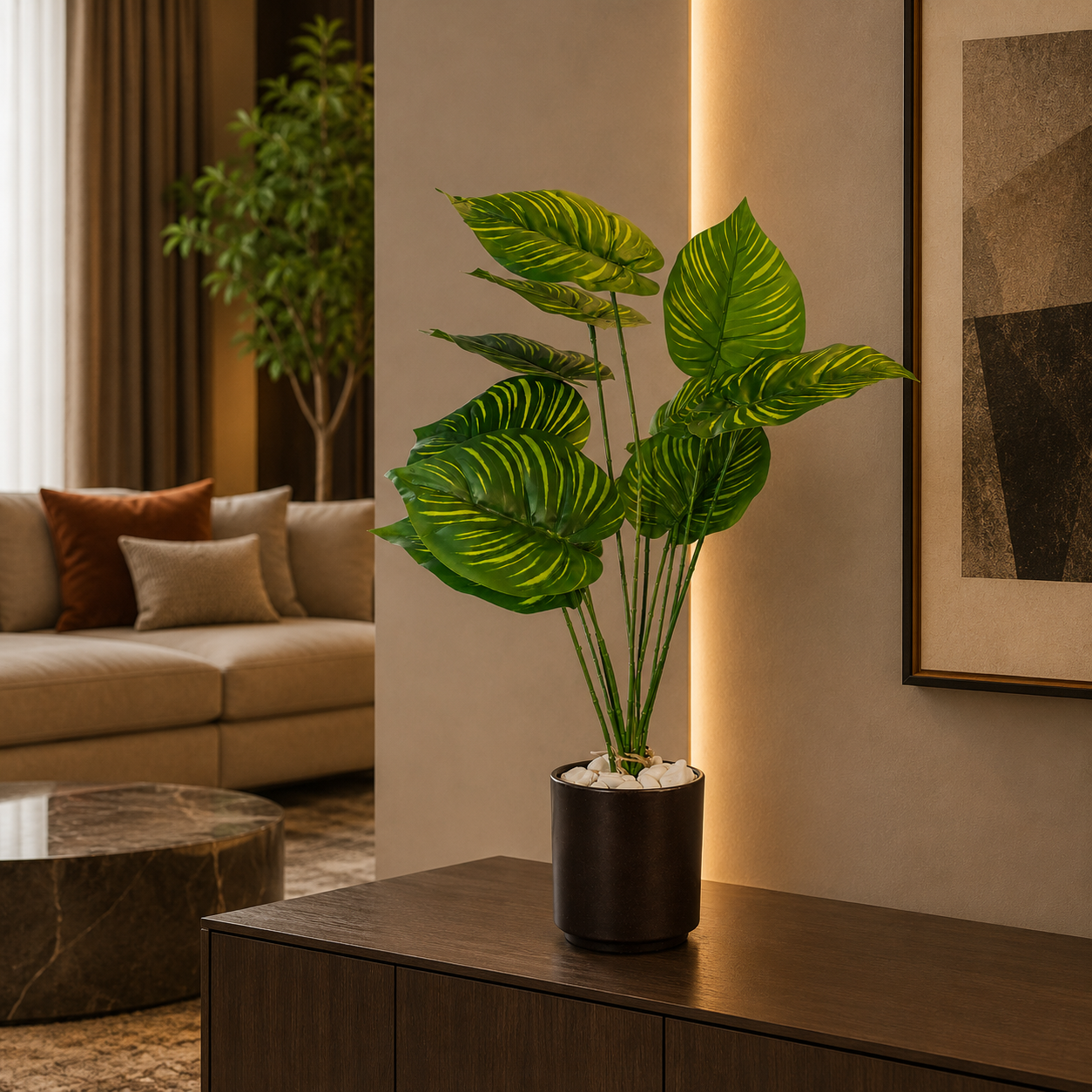 Premium Yapay Calathea (Dua Çiçeği) – Dekoratif Saksılı Tropikal Bitki 65cm