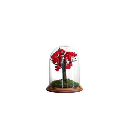 Premium Cam Fanus İçerisinde Kırmızı Yapay Bonsai Ağacı 21cm