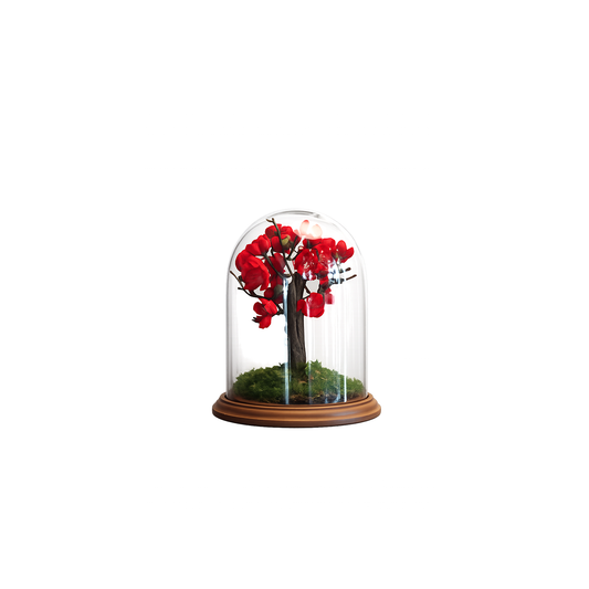 Premium Cam Fanus İçerisinde Kırmızı Yapay Bonsai Ağacı 21cm