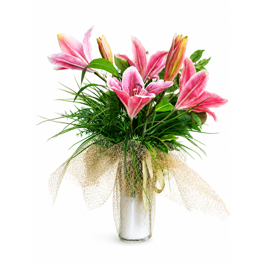 Premium Yapay Pembe Oriental Lily Aranjmanı – Cam Vazolu Dekoratif Zambak