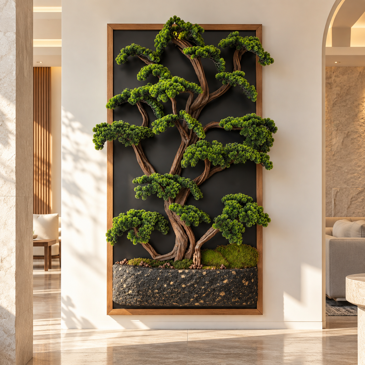 Premium 3 Boyutlu Yapay Bonsai Tablo – Ahşap Çerçeveli 200 × 100 cm