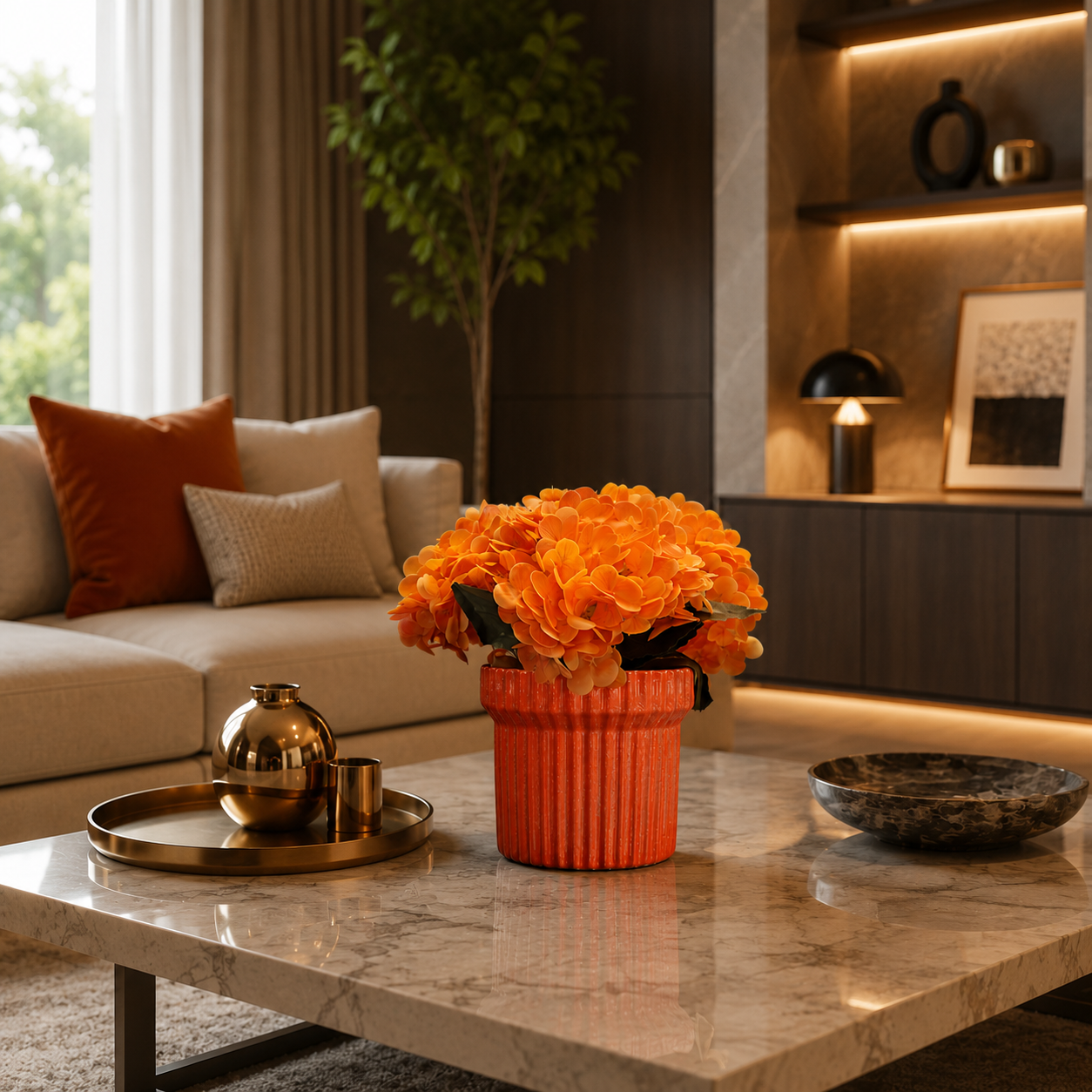 Premium Yapay Turuncu Ortanca Aranjmanı 25cm