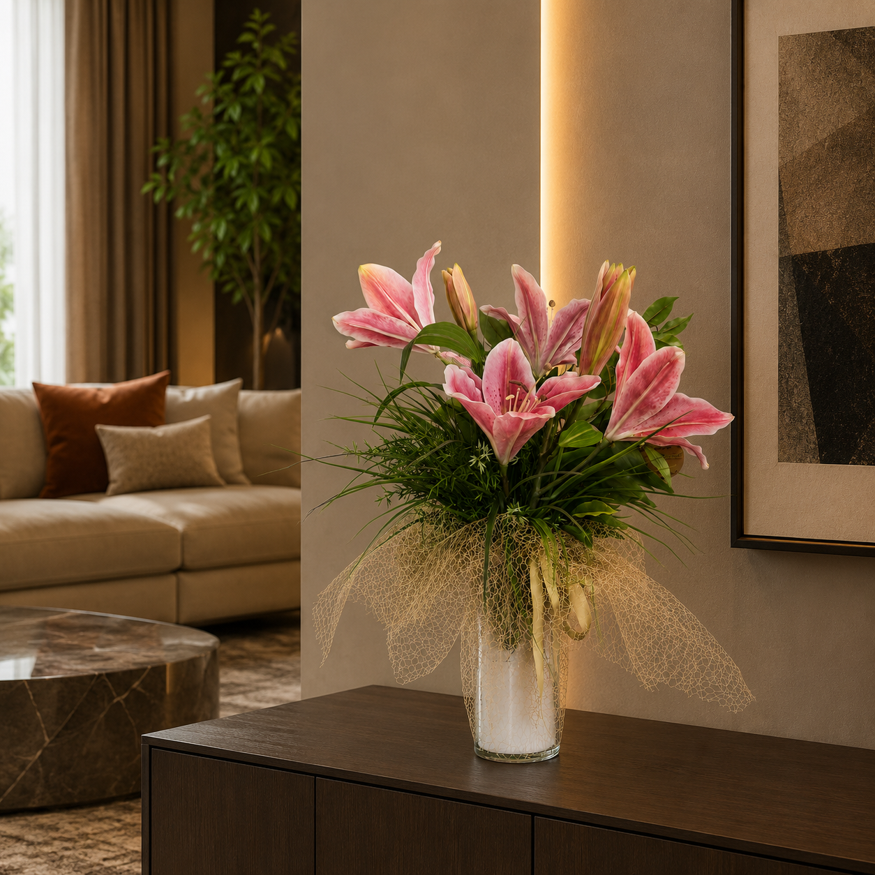 Premium Yapay Pembe Oriental Lily Aranjmanı – Cam Vazolu Dekoratif Zambak