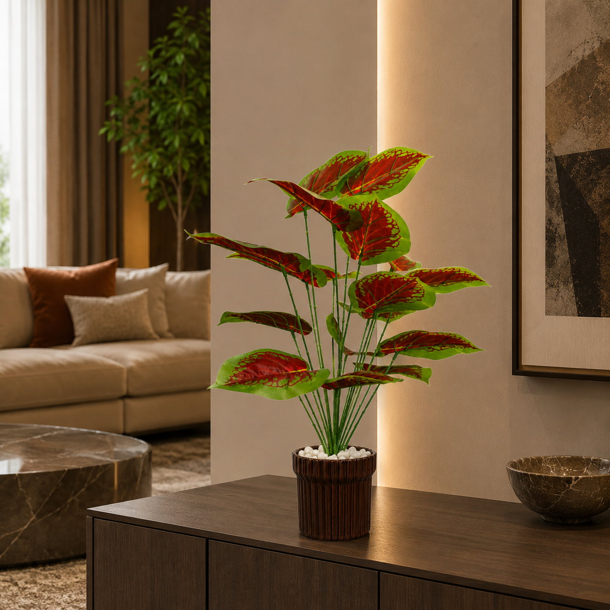Premium Yapay Aglaonema Red – Dekoratif Saksılı Tropikal İç Mekân Bitkisi 65cm