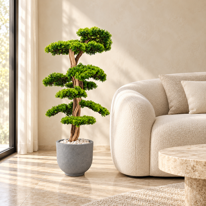 Salon köşesinde bej koltuk yanında saksılı Yapay Bonsai Ağaç