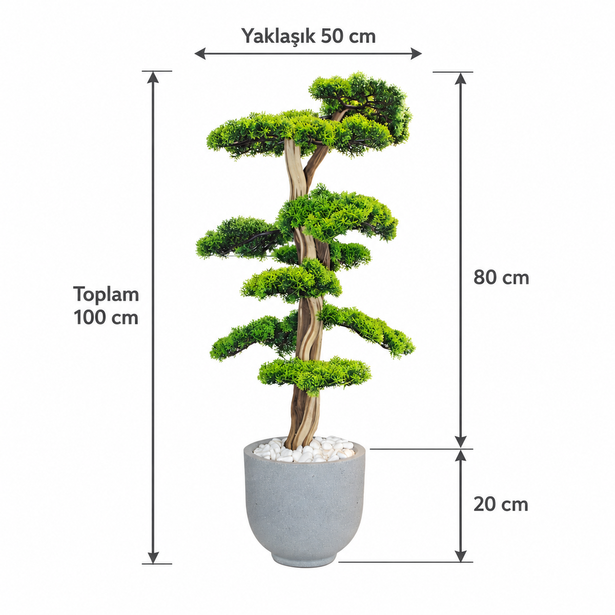 Gri saksıda, yeşil tepeli Yapay Bonsai Ağaç Saksılı beyaz taşlı dekoratif ağaç.