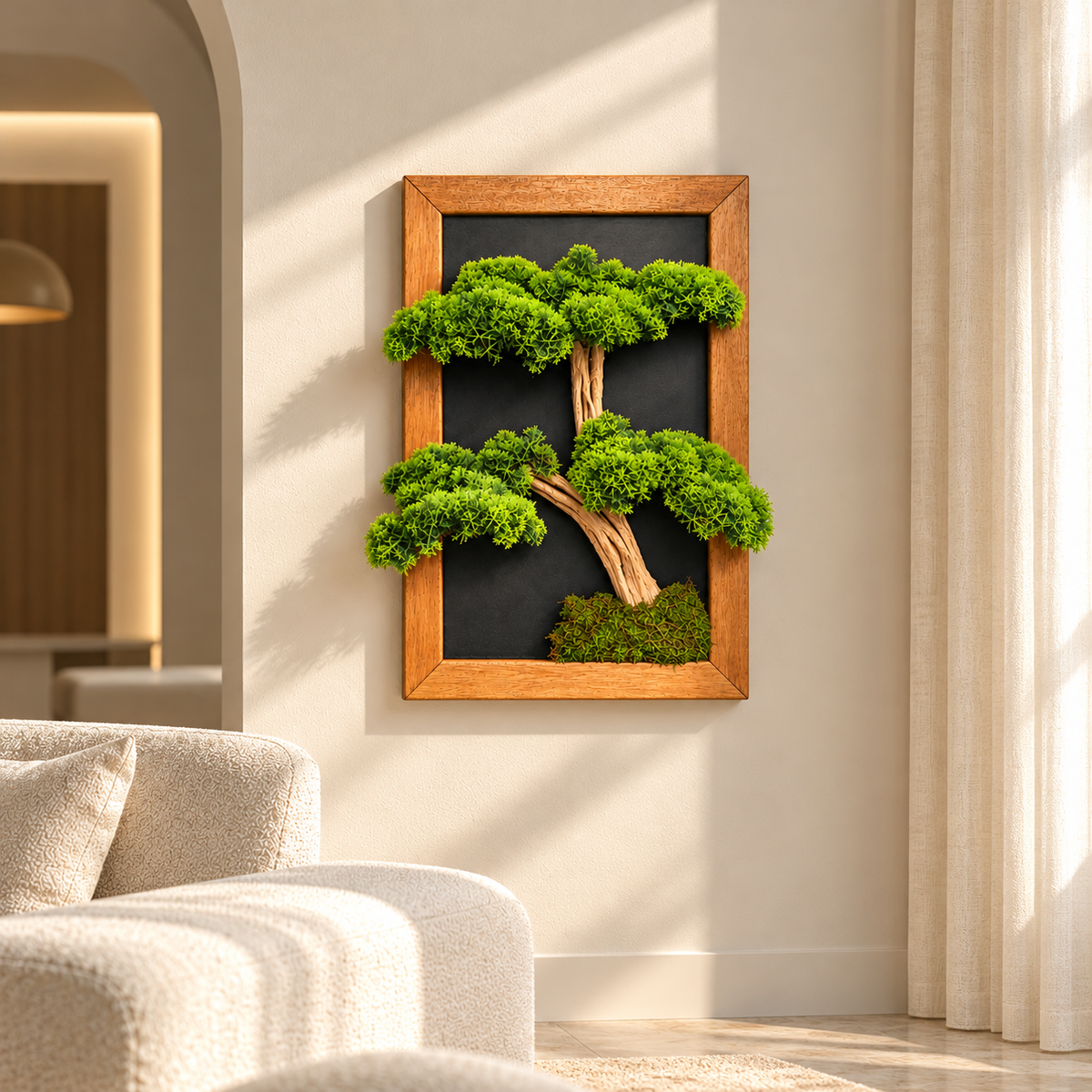 3D Bonsai Tablo – Doğal Ahşap Çerçeveli Dekoratif Duvar Tablosu | 35x52 cm