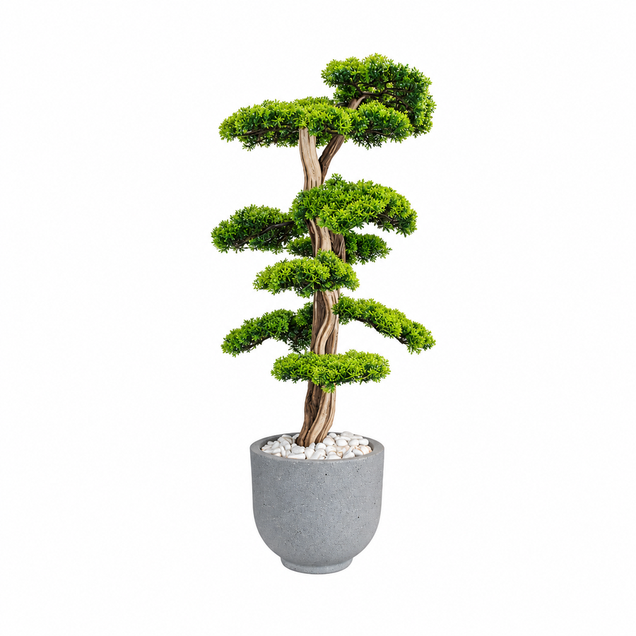 Gri saksıda beyaz taşlı Yapay Bonsai Ağaç Saksılı, çok katlı yeşil taçlı.